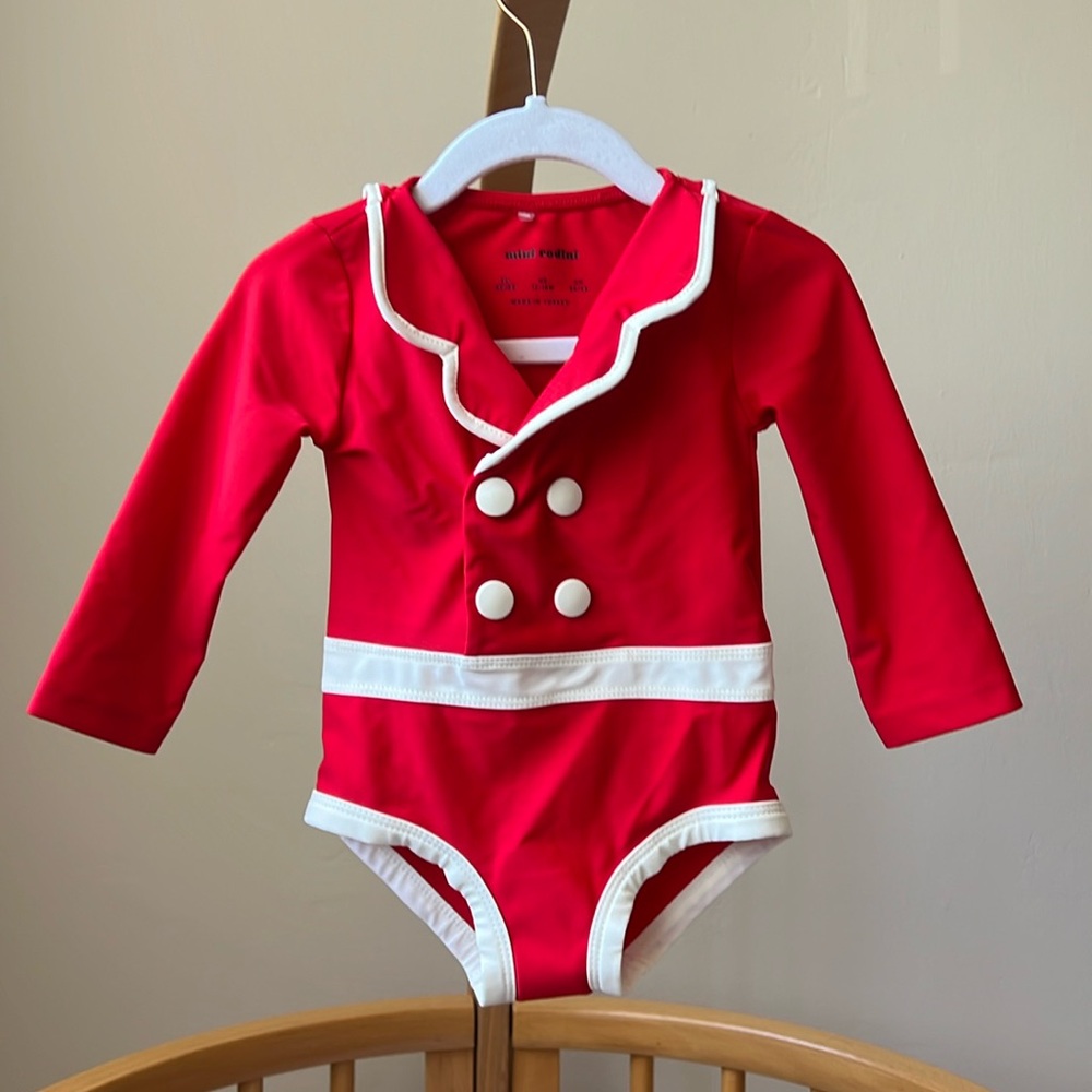 Mini Rodini red, 50s-style long sleeve swimsuit, size 12-18m